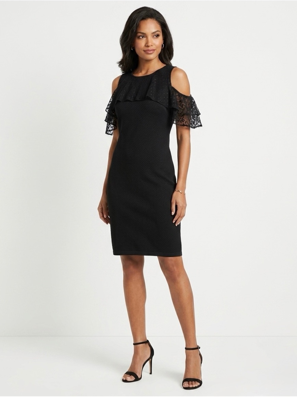 [Gabby Skye] Knitted Jacquard Ruffle & Lace Dress